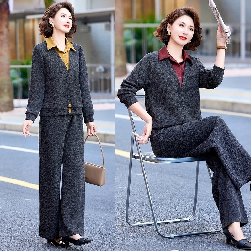 2025新款时尚拼接假两件衬衫短款妈妈套装设计感休闲显瘦上衣女春