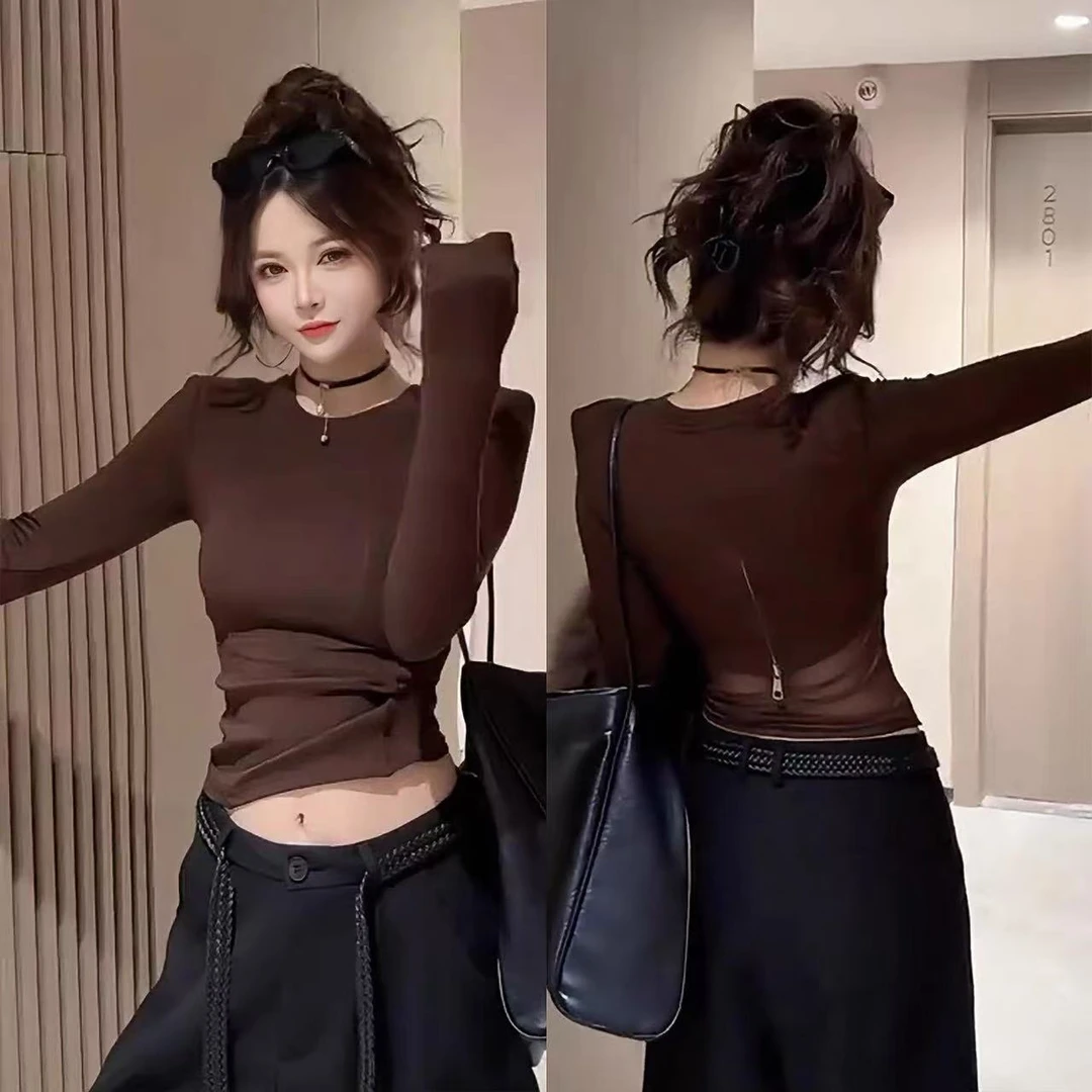 3198德绒设计感后背网纱拼接上衣时尚显瘦百搭圆领T恤女装