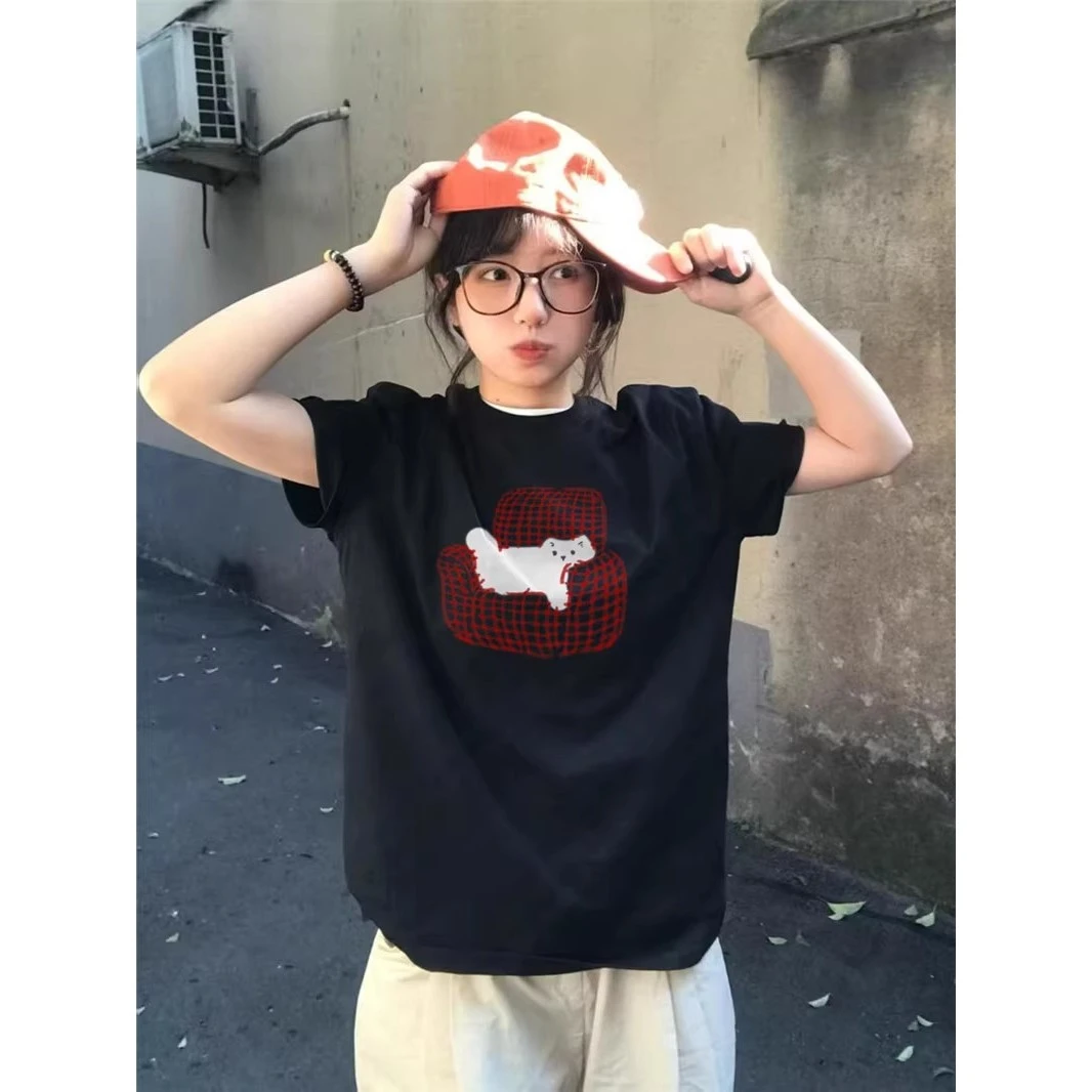 夏季纯棉t恤短袖女2025新款爆款设计感小众正肩美式宽松半袖上衣