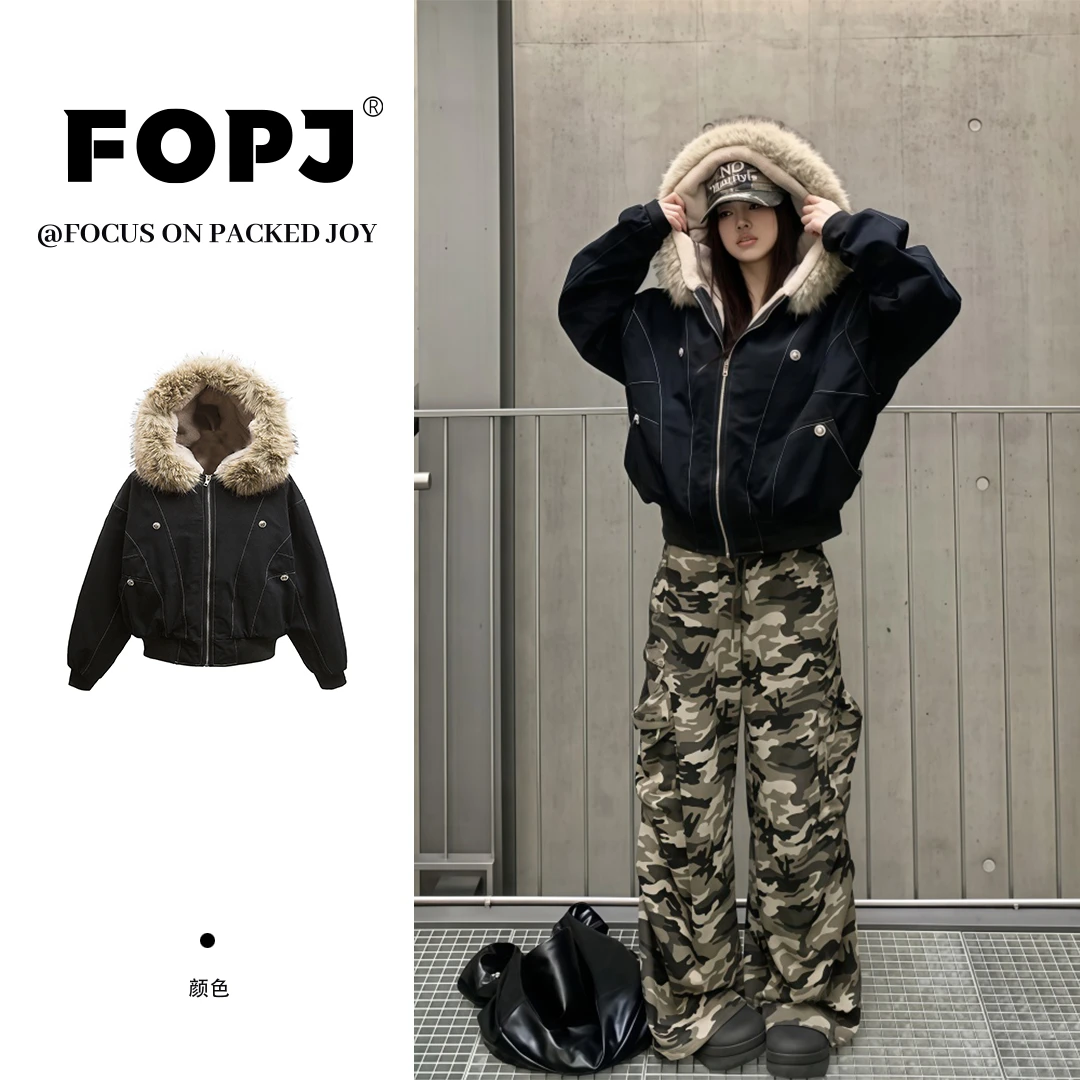 FOPJ座山雕派克服冬季新款派克棉服加厚棉袄设计感毛领工装外套