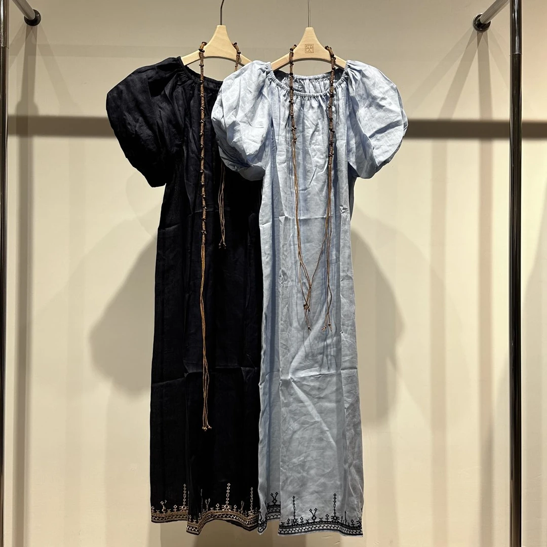 Mozch 苎麻超丝滑透气泡泡袖波西米亚绣花显瘦连衣裙92682