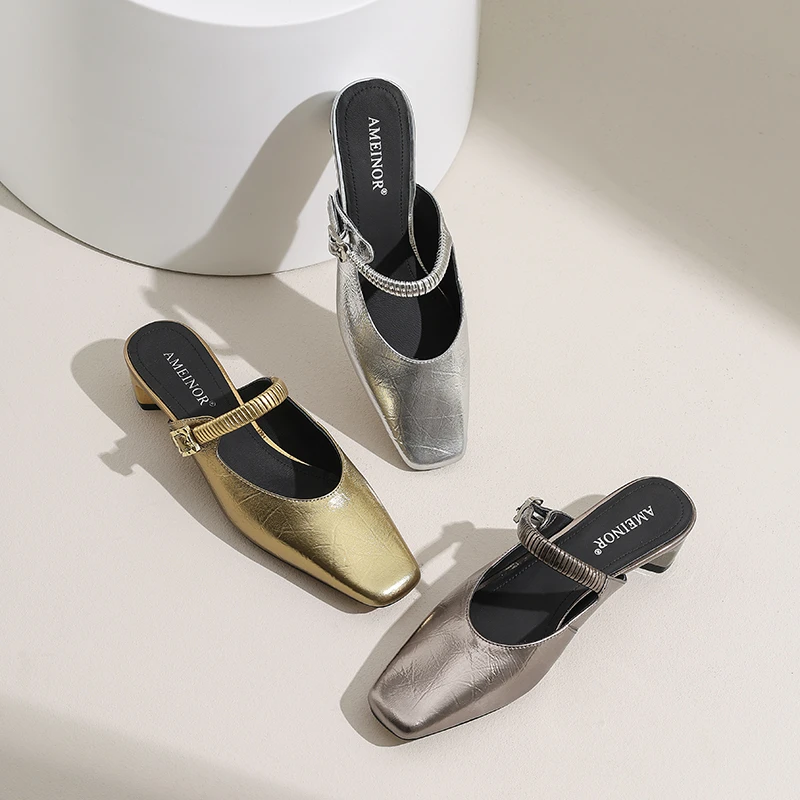 AMEINOR2025春季新款一字带扣饰精致优雅时尚真皮小方头女士拖鞋