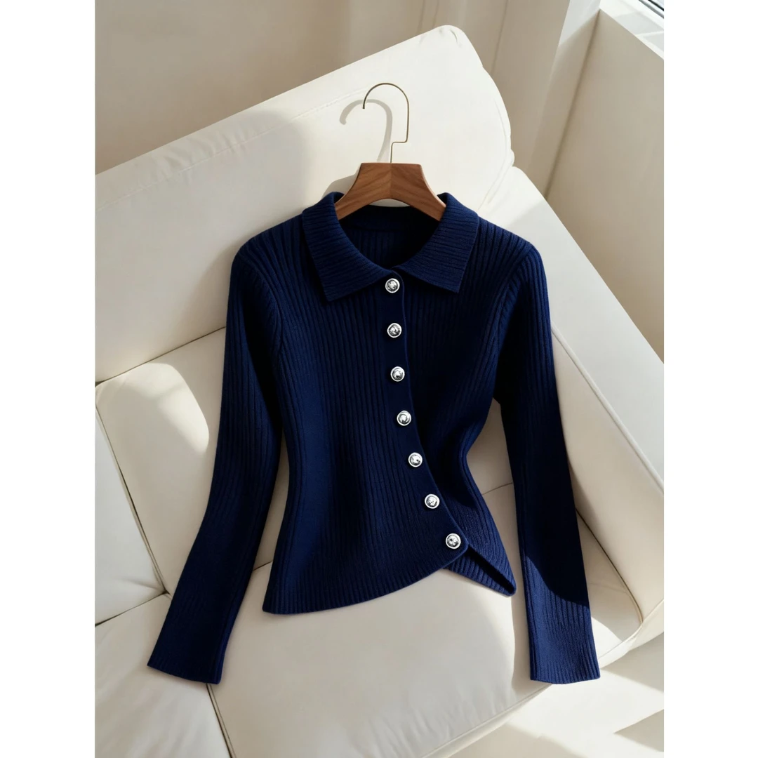 法式慵懒风不规则藏蓝色针织衫女2025秋季新款设计感小众百搭上衣