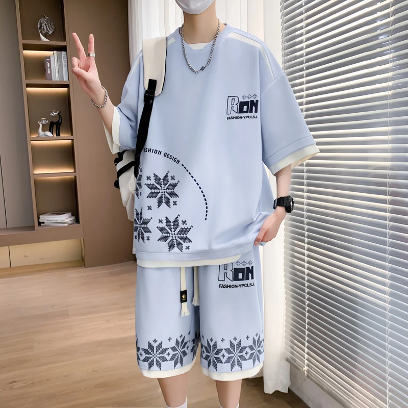 2025夏季新款男士短袖T恤套装港风潮流青少年百搭学生宽松两件套