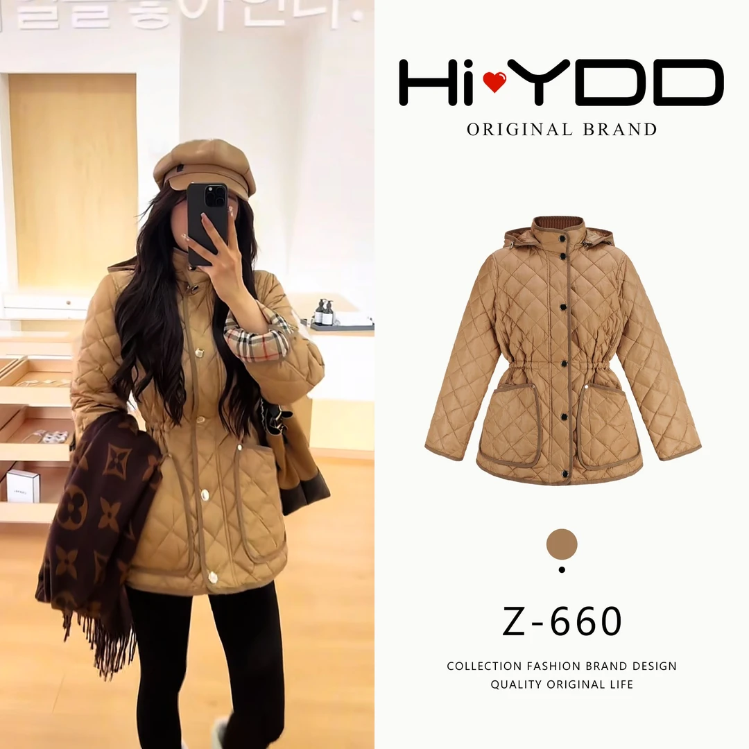 YDD•「Z-660」秋冬新款可拆卸帽抽绳收腰格子出游棉服外套女MC-110