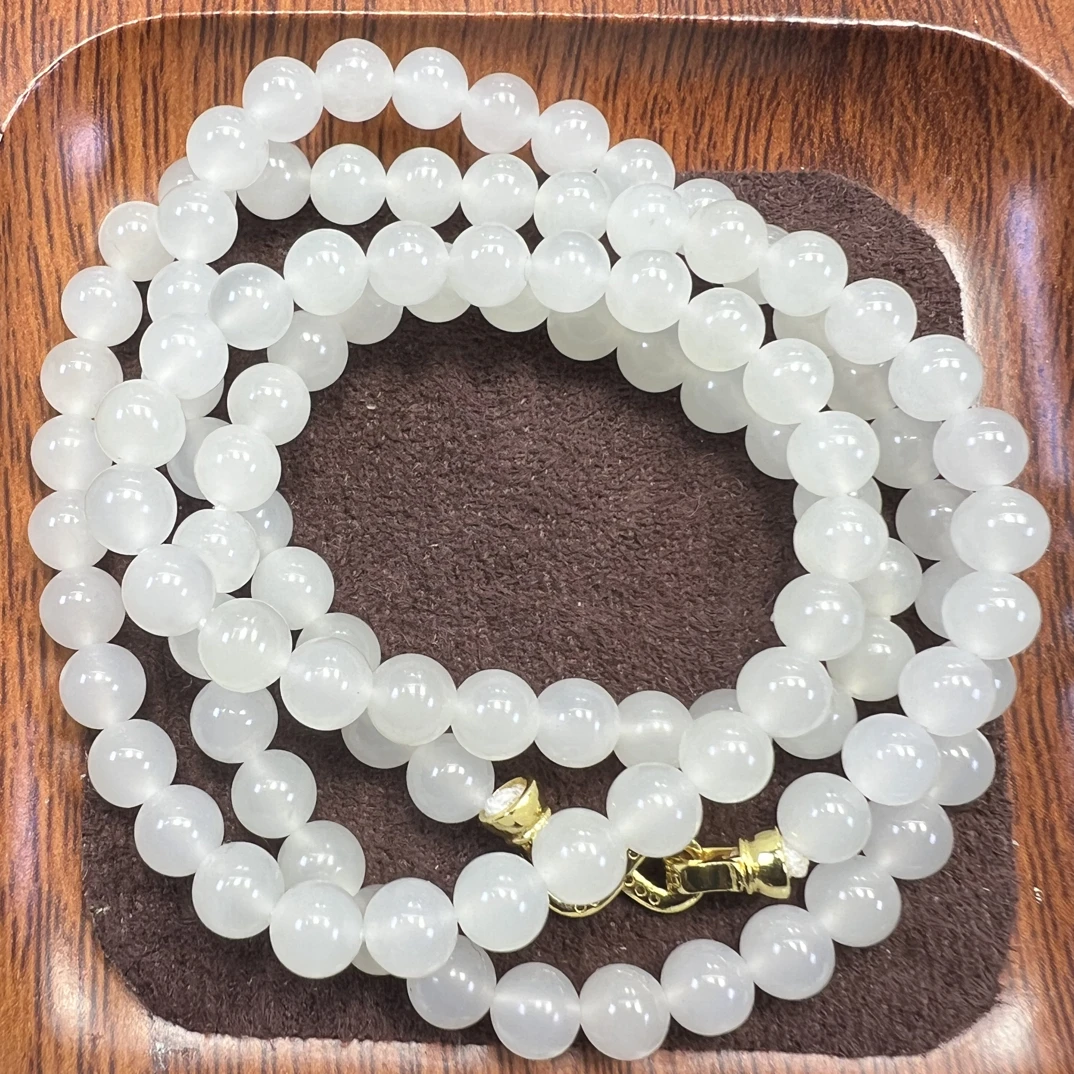 和田玉青海料白玉卡6圆珠108颗项链
