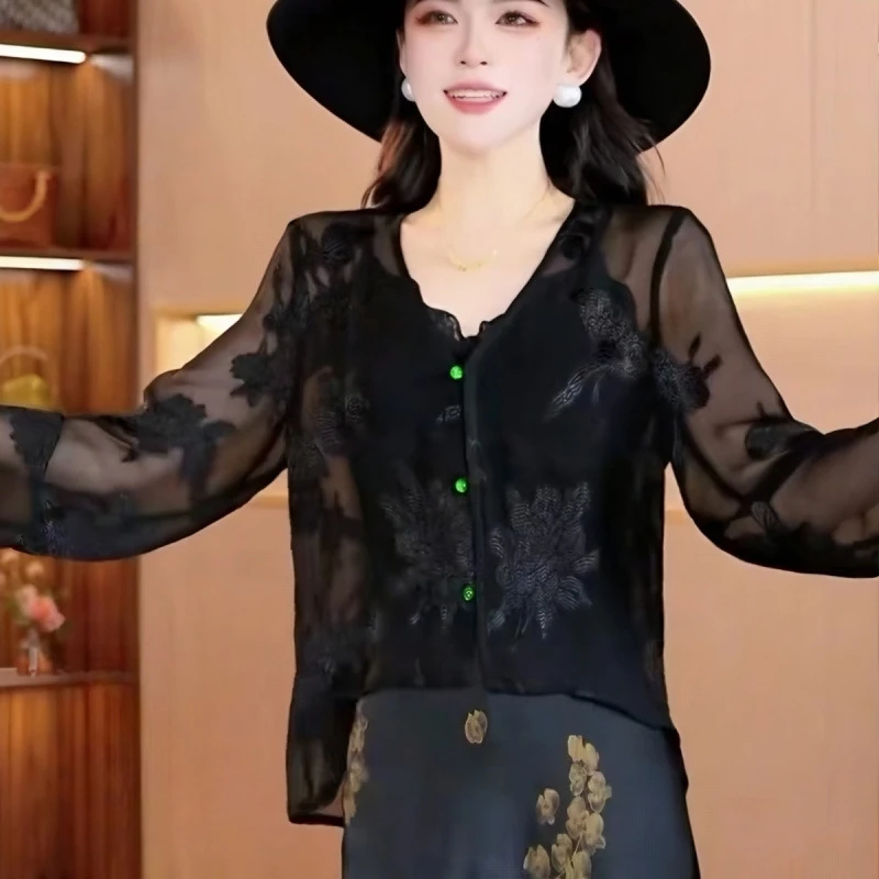 夏季新款国风提花夏季新款长袖披肩百搭轻薄透气衬衫上衣