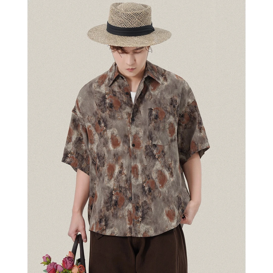 波西米亚风沙滩游玩褶皱纹理复古碎花短袖衬衫男士夏季寸衫男衬衣