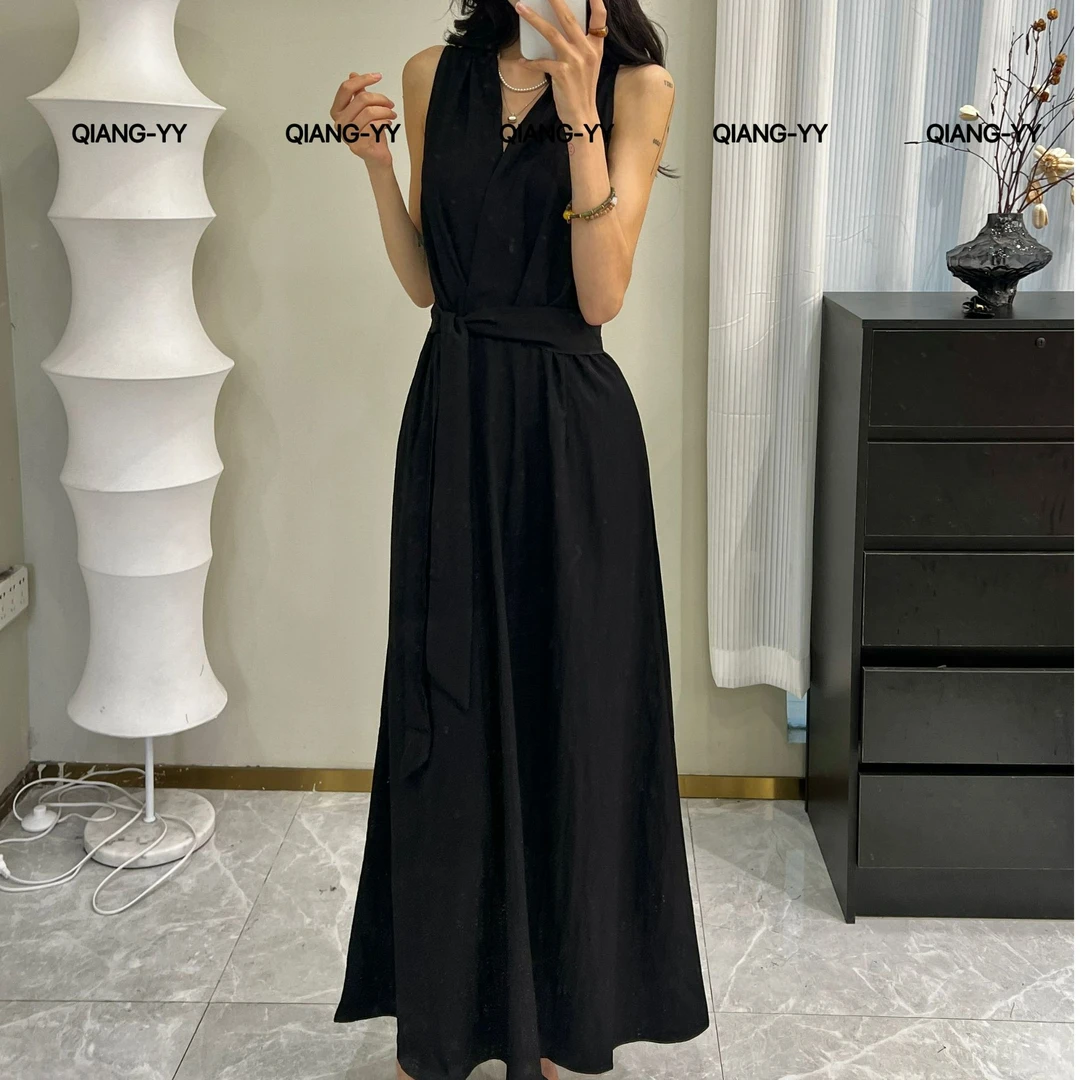 V领夏季拼接褶皱长裙法式连衣裙显瘦裙子宽松时尚813