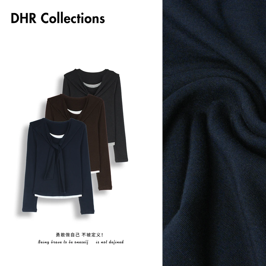 豆豆6【假两件T恤】披肩款个性极简风修身薄款休闲上衣女-DQ7320