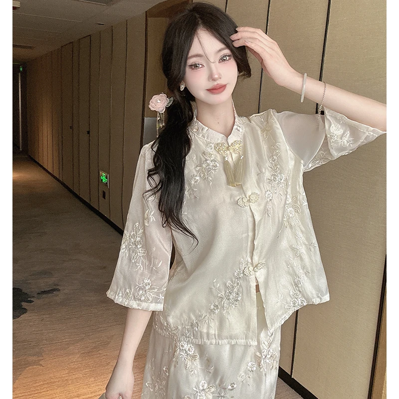 时尚国风刺绣半裙套装女夏季小个子盘扣上衣开叉裙时尚气质两件套