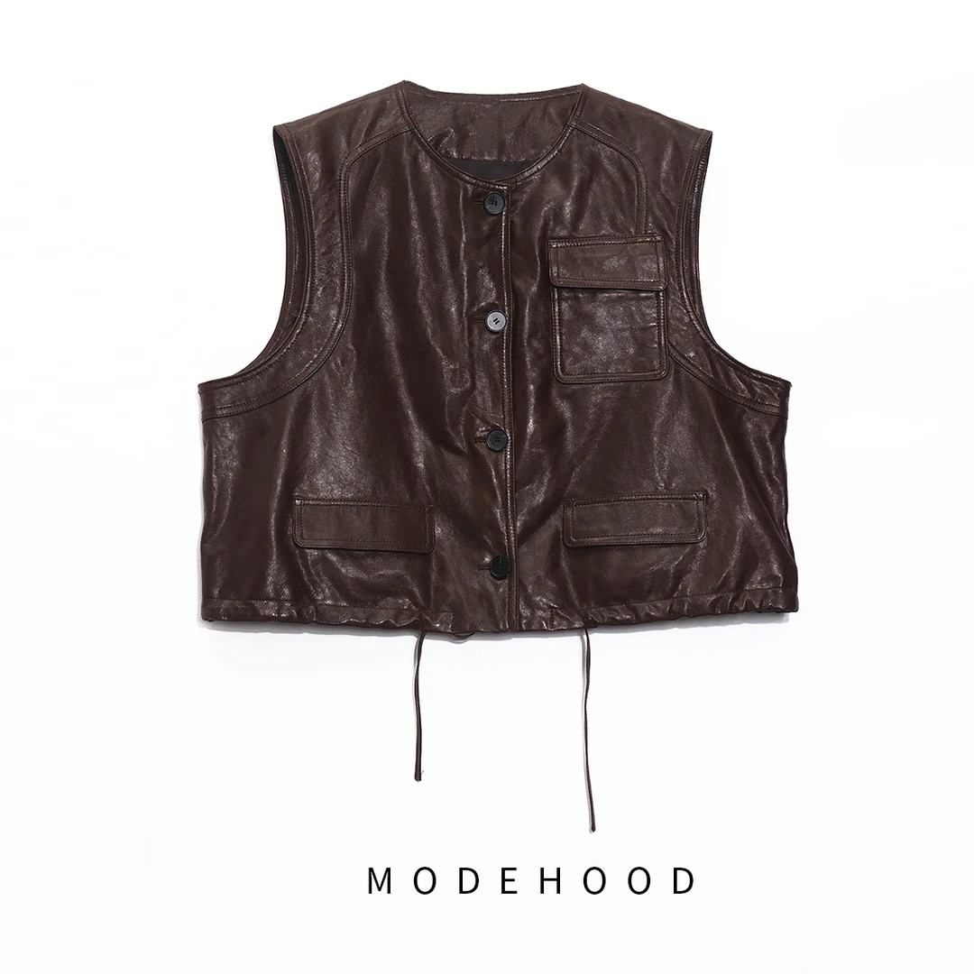 MODEHOOD伊凡【时光鎏金】2025秋冬进口油蜡皮抽绳皮马甲QZ-139