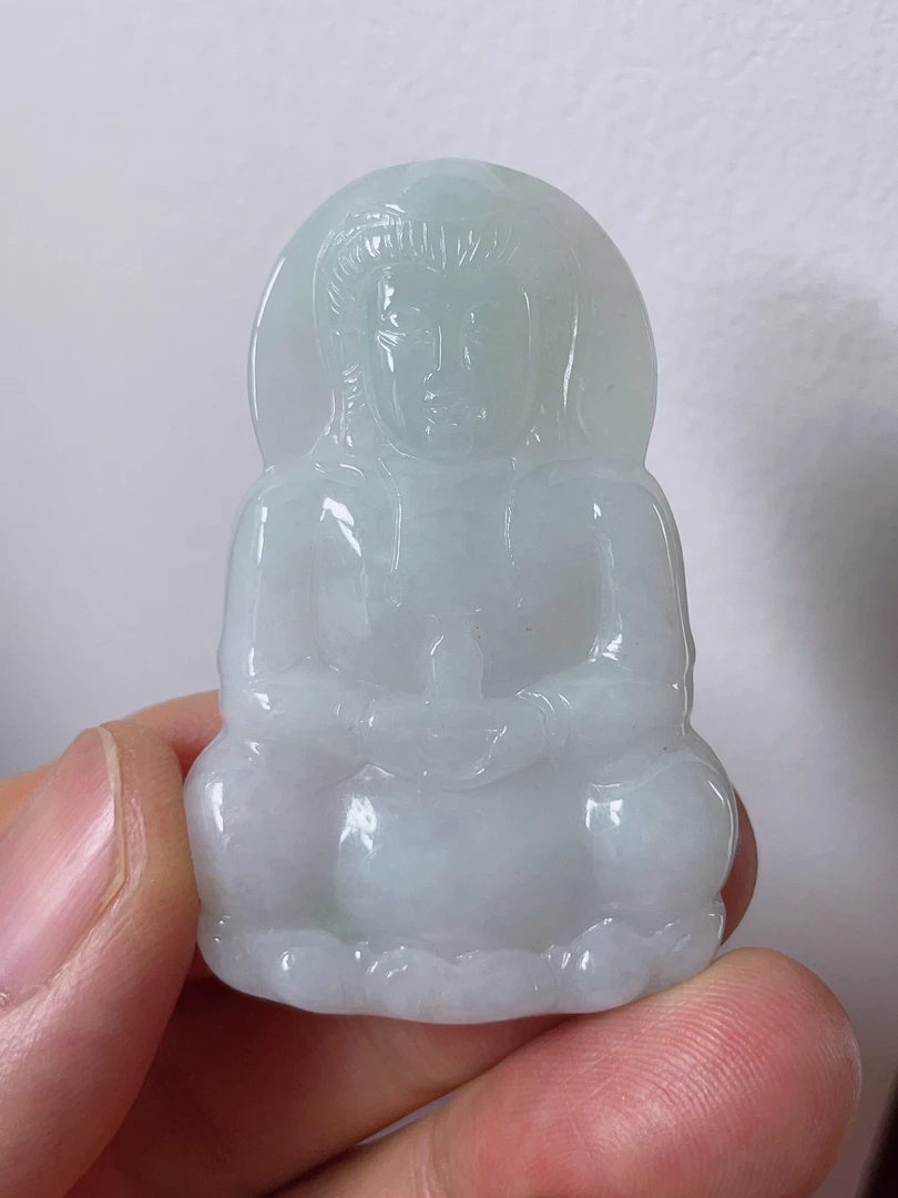 天然缅甸翡翠A货 细糯一刀切观音吊坠 尺寸：51.5-34-5.8mm