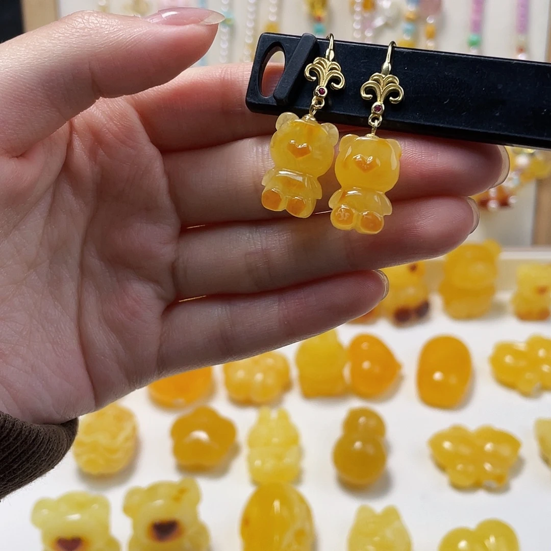 蜜蜡银S925镶嵌裸石蜜蜡耳环