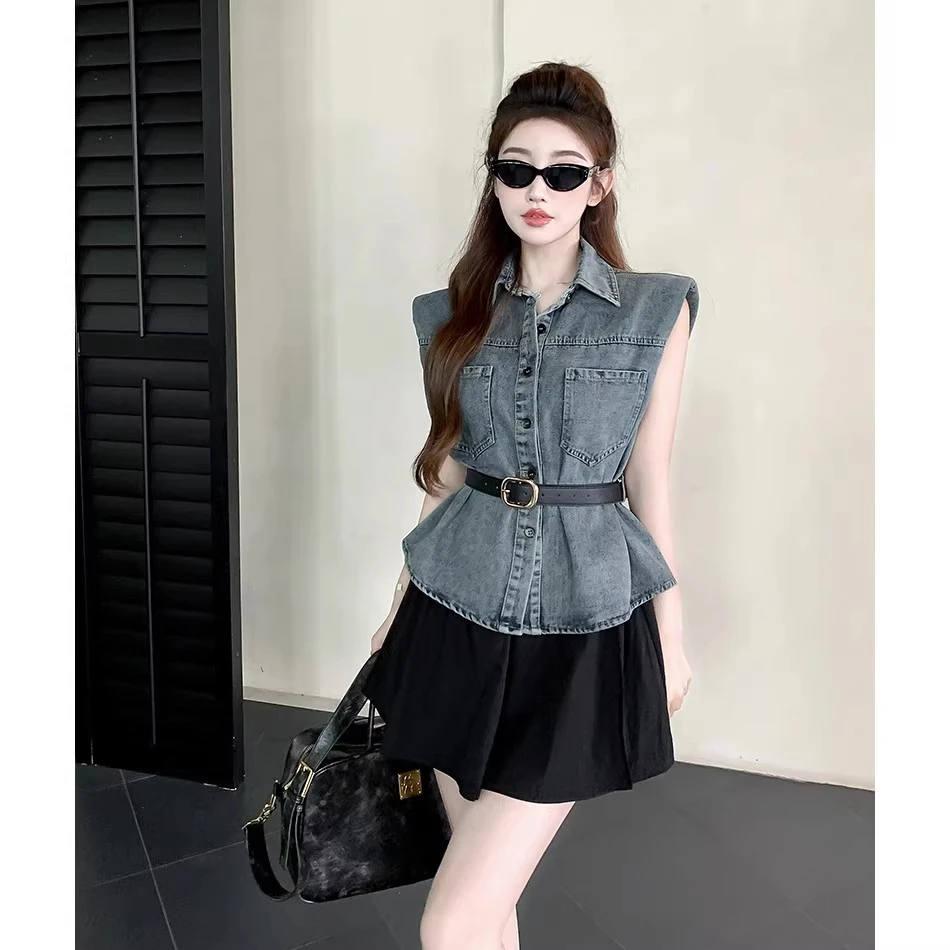 牛仔马薄款外套女新款夏季少女韩版百搭显瘦配腰带无袖上衣女885#