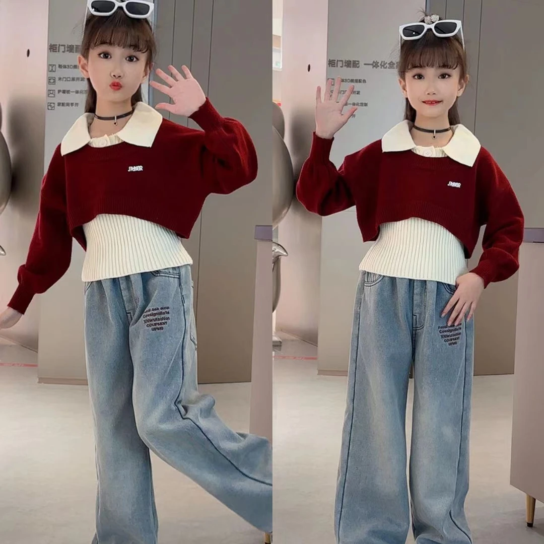 2025新款韩系女中大童秋冬时髦洋气真两件毛衣直筒牛仔裤套装