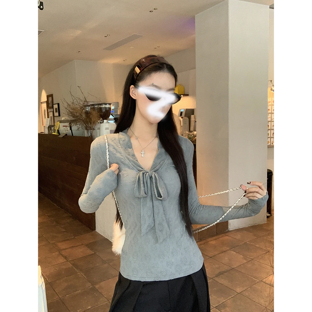 长袖打底衫女新款秋冬装独特漂亮灰色T恤设计感绑带辣妹上衣修身