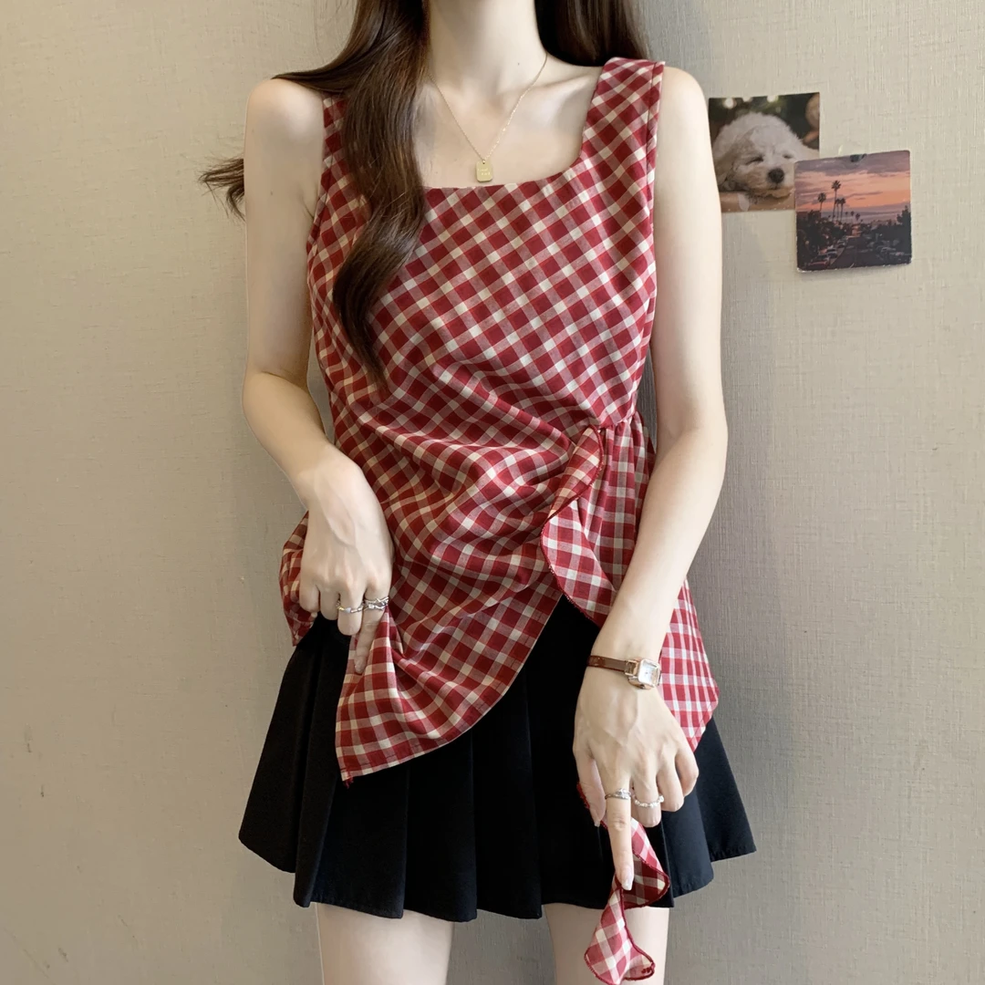 大码胖mm红色格子无袖衬衫女2025夏季新款不规则遮肚显瘦小衫上衣