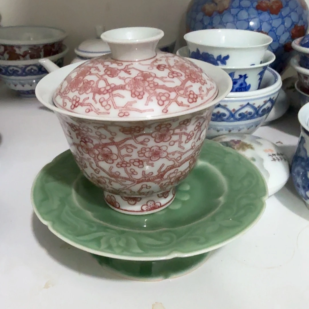 弘*釉里红冰梅盖碗景德