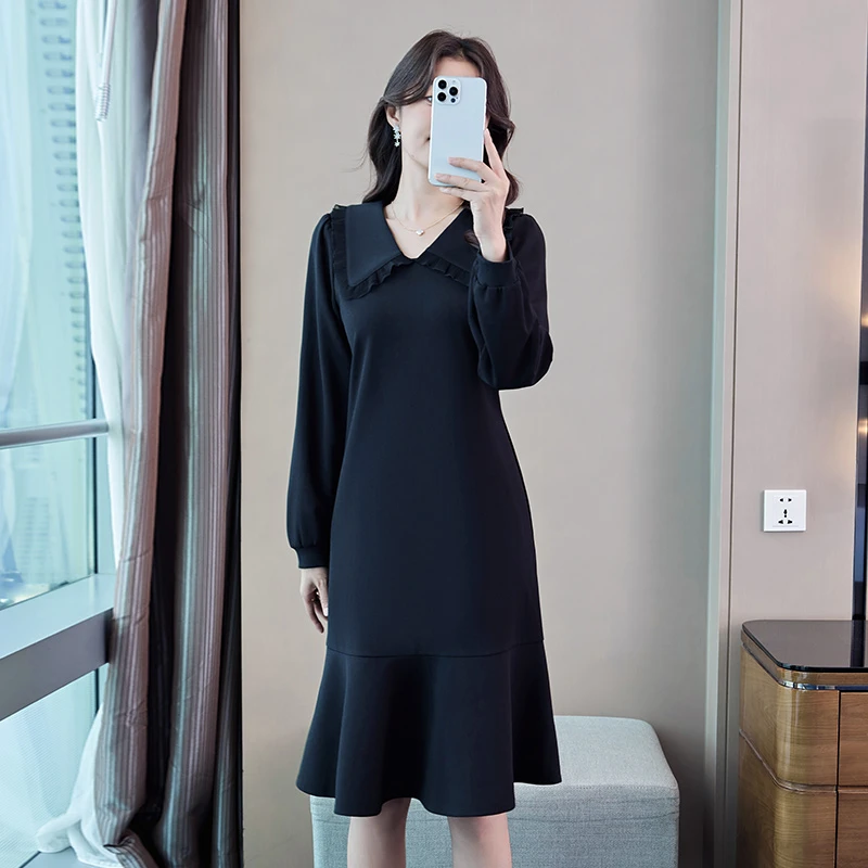 奢姿冬季新款大码女装胖妹妹遮肉显瘦法式荷叶边减龄通勤连衣裙