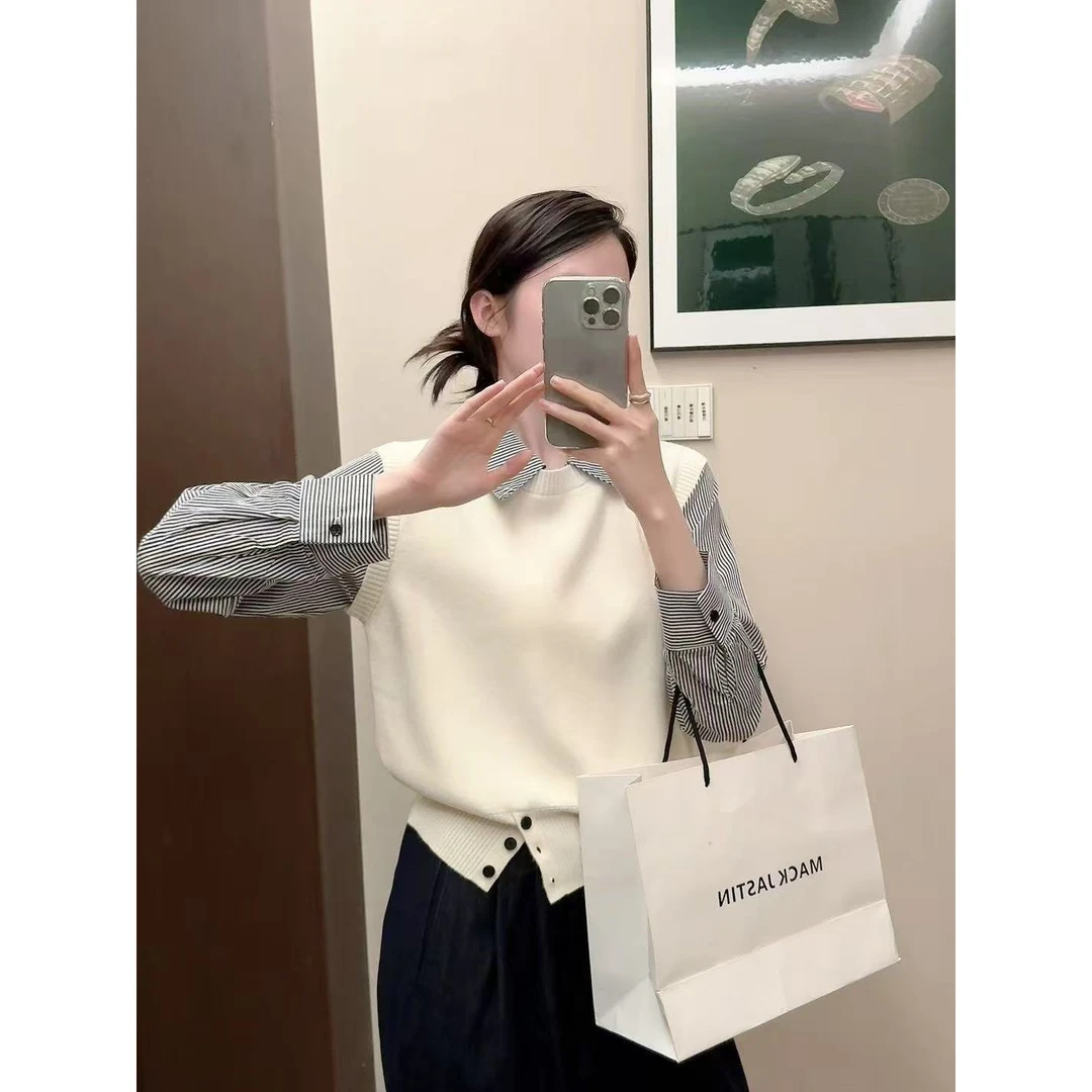 百搭时尚小众设计感秋季早秋秋冬打底衫长袖针织上衣假两件拼接撞