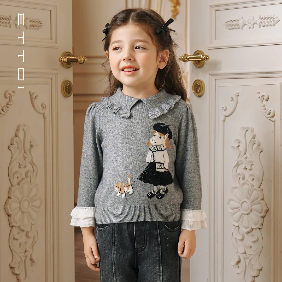 ETTOI爱多娃2025秋新款洋气花边领毛衣设计感拼