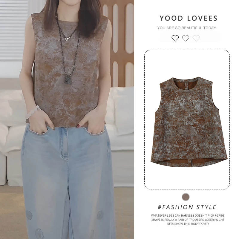 法式复古印花无袖衬衫女夏薄款宽松设计感小众高级感气质背心上衣