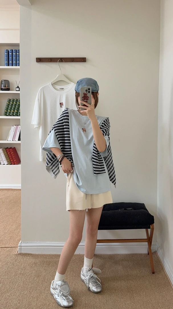 程程甄选  韩系东大门小众蝴蝶结猫咪休闲百搭T恤8487