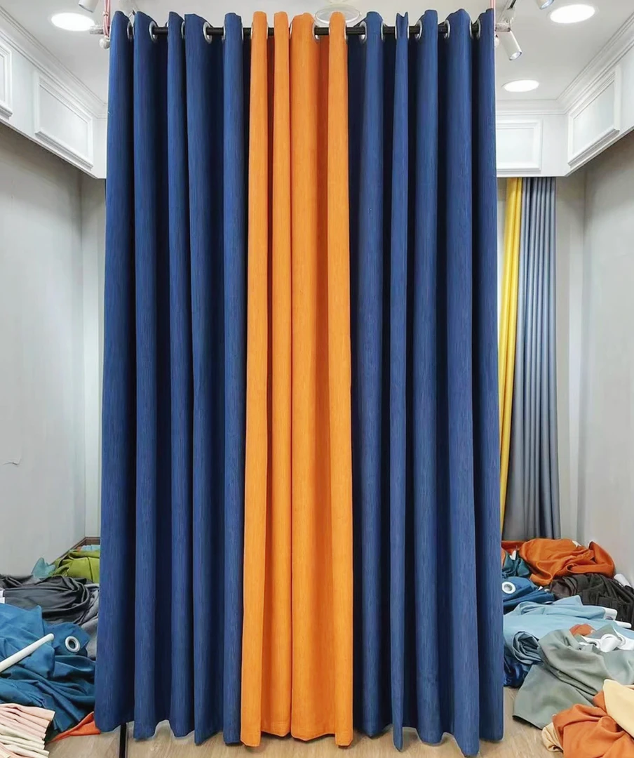 雪尼尔深蓝+爱马仕橙全遮光成品窗帘