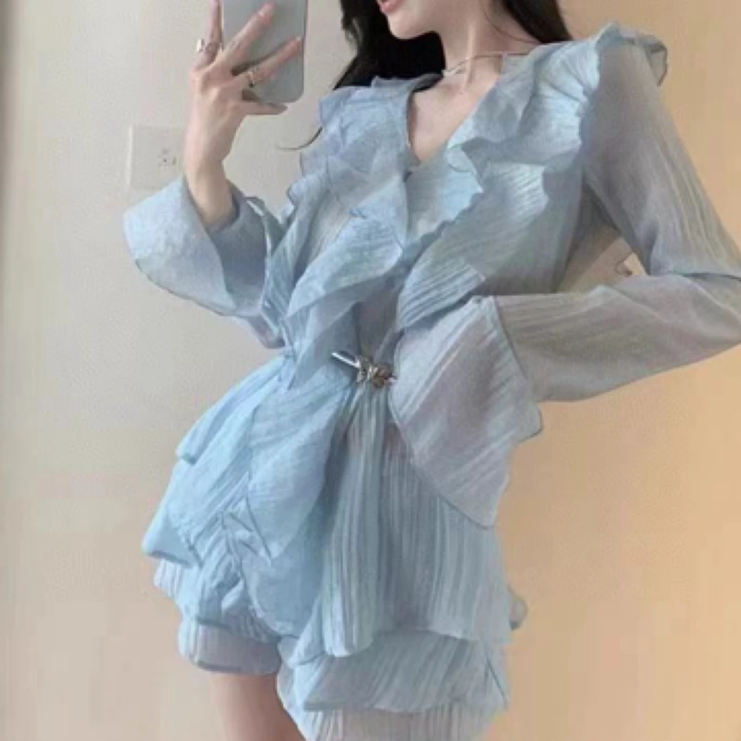 纯欲风宽松雪纺荷叶边套装