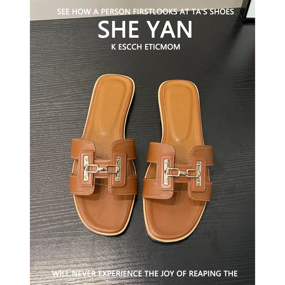 真皮平底时尚一字拖女款2025新款百搭金属扣一脚蹬凉拖鞋外穿