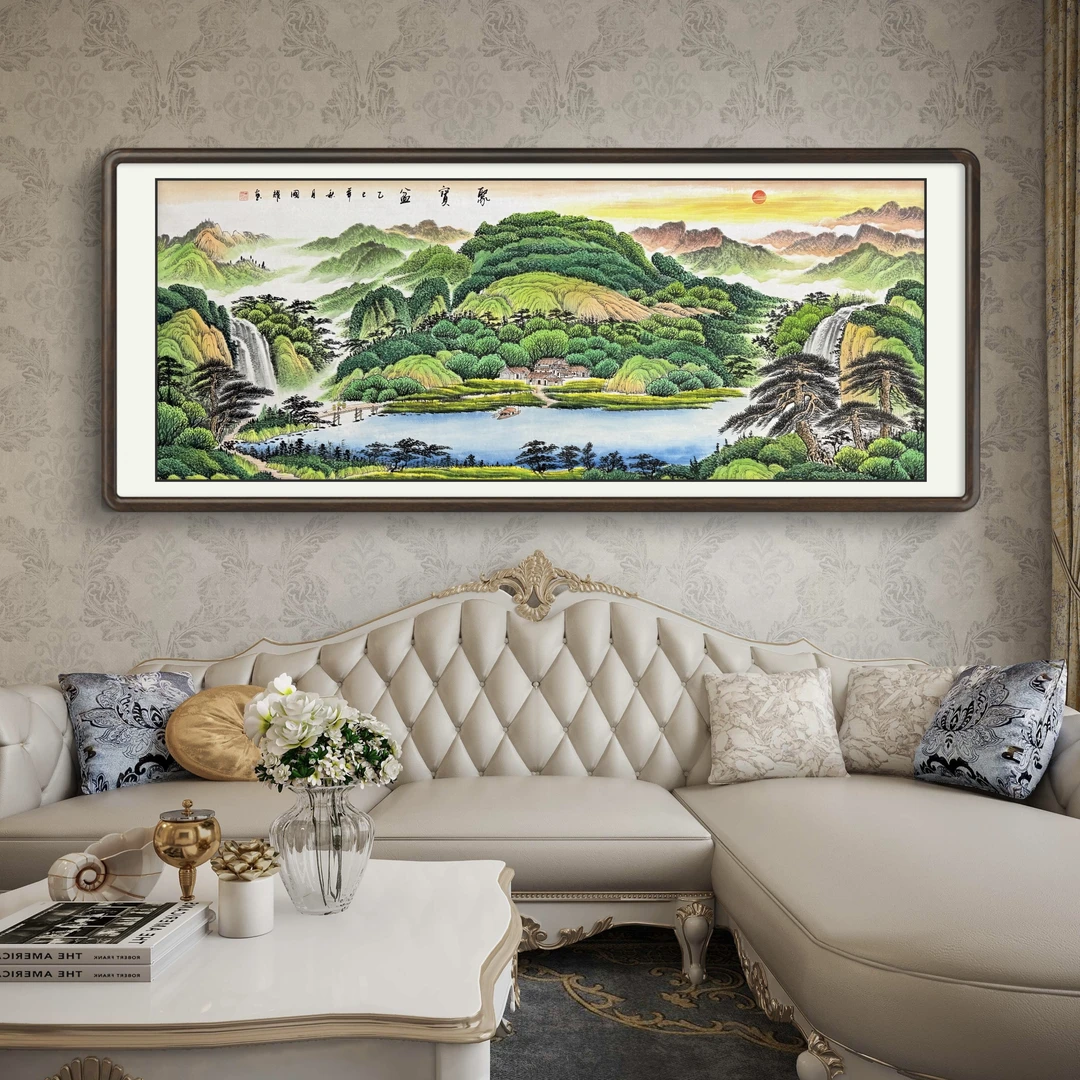 《聚宝盆》纯手绘六尺青绿山水画横幅客厅办公室国画挂画书画直播间