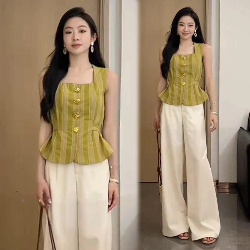 时尚套装女2025夏季新款气质显瘦方领无袖衬衫休闲宽裤两件套潮