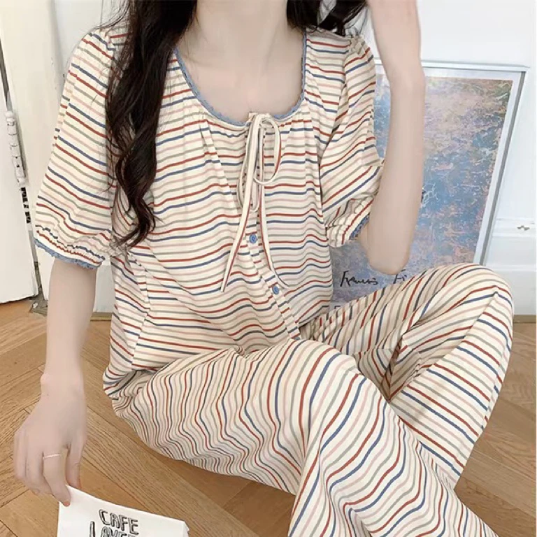 【R606】夏款彩色条纹短袖短裤+长裤三件套+胸垫【开衫款】