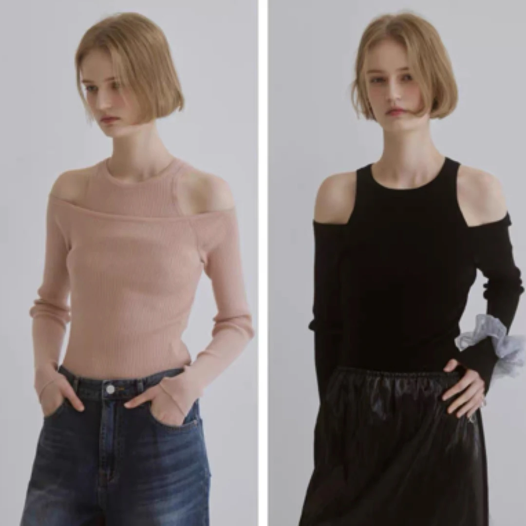 韩国hunch直邮代购2025春秋女装露肩圆领套头针织时尚休闲上衣