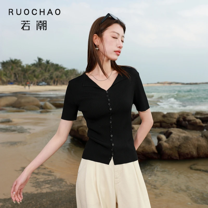 若潮大码女装2025秋季新款休闲针织衫短袖V领上衣坑条设