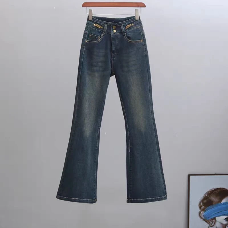 9112款加绒加厚高腰牛仔微喇裤百搭显瘦裤子修身牛仔裤