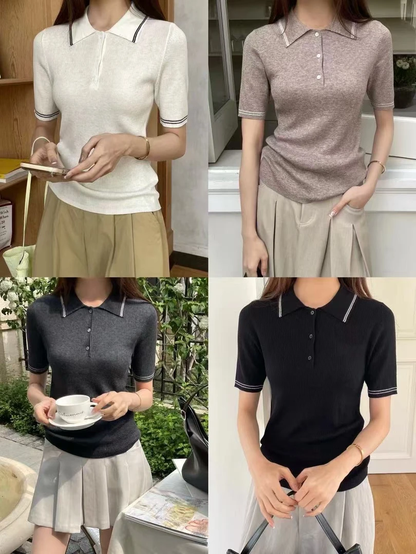 【伊家】2025春夏新款polo领字母刺绣宽松针织衫小衫