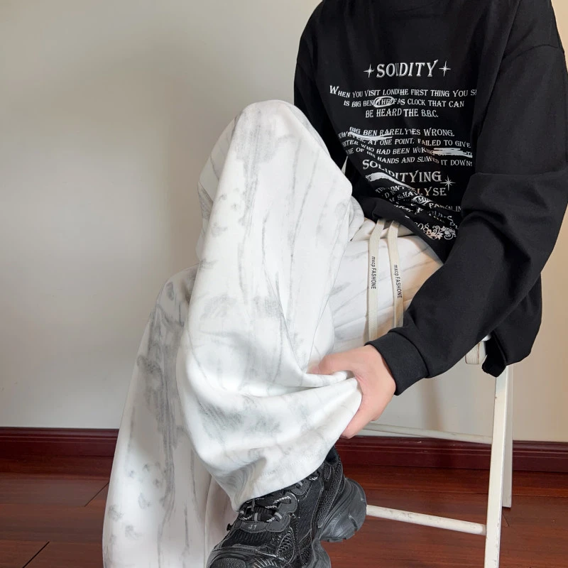 秋季中国风水墨扎染重磅运动卫裤男士宽松垂感阔腿裤潮牌休闲长裤