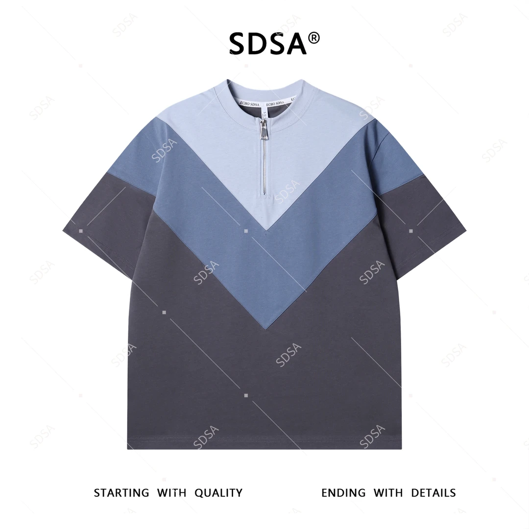 夏季高级感新款男士简约撞色半拉链设计短袖T恤宽松潮流圆领上衣