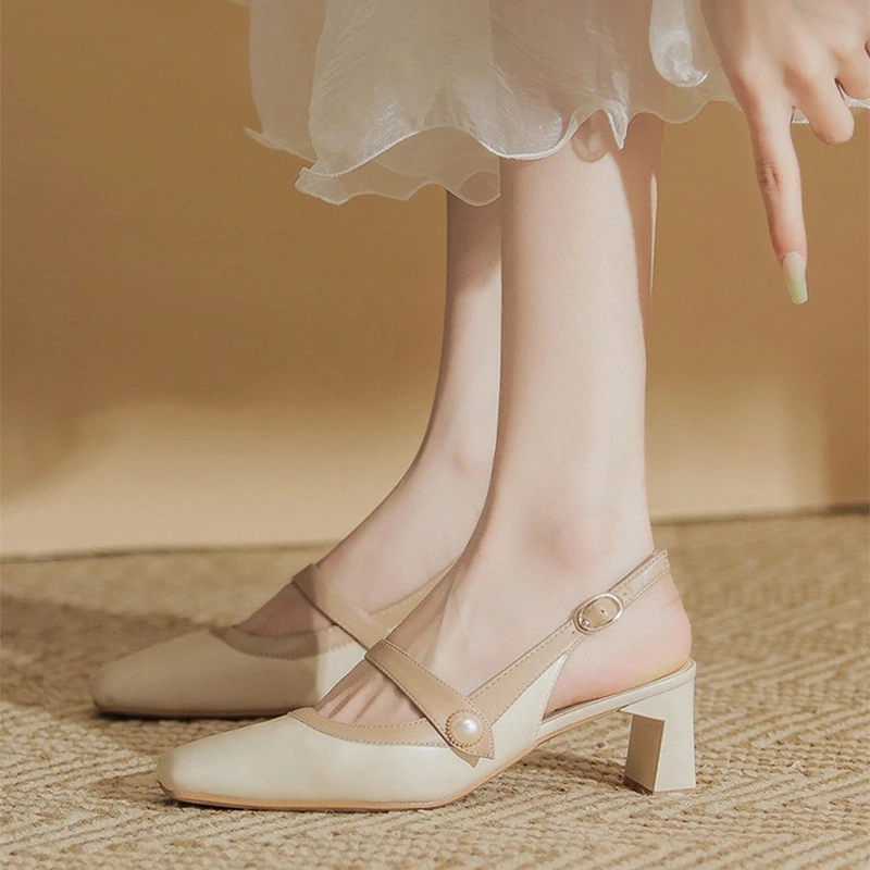 万达撤柜凉鞋秋季气质玛丽珍半拖鞋女法式珍珠方头透气显瘦高跟鞋