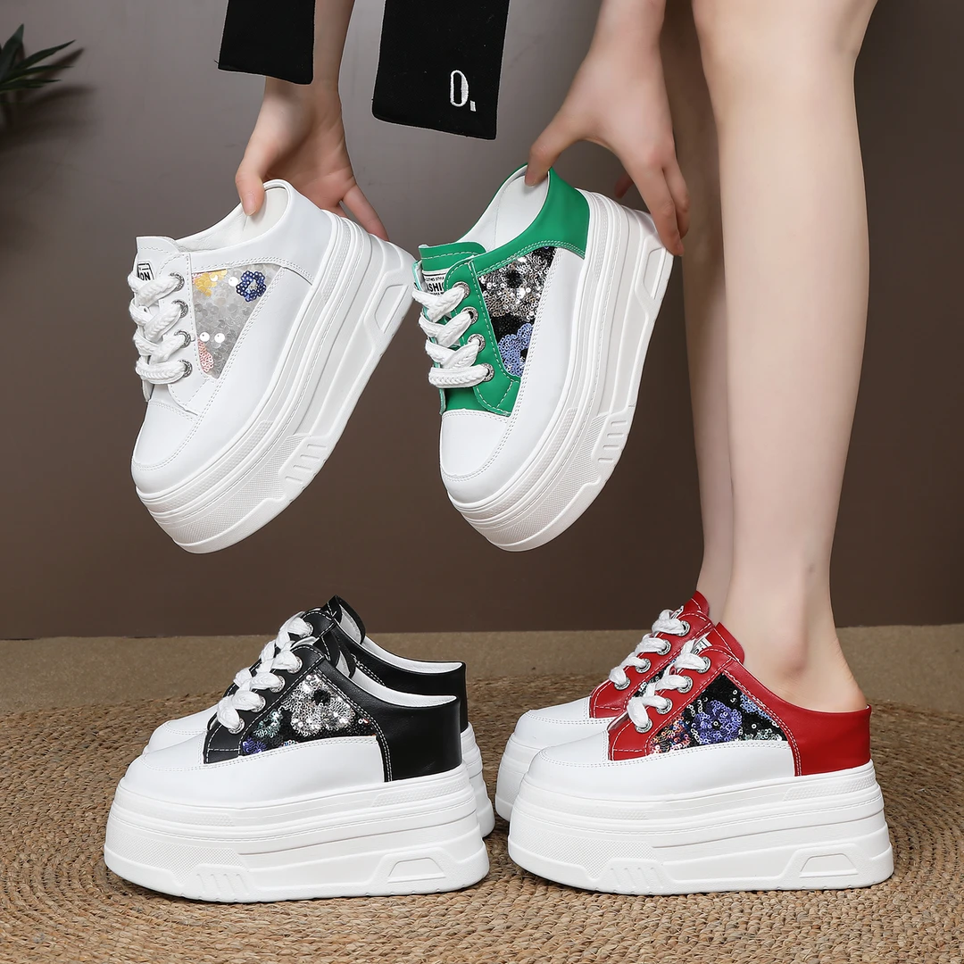 【跟高10、12厘米】厚底内增高包头拖鞋女鞋2025春季新款时尚小白鞋