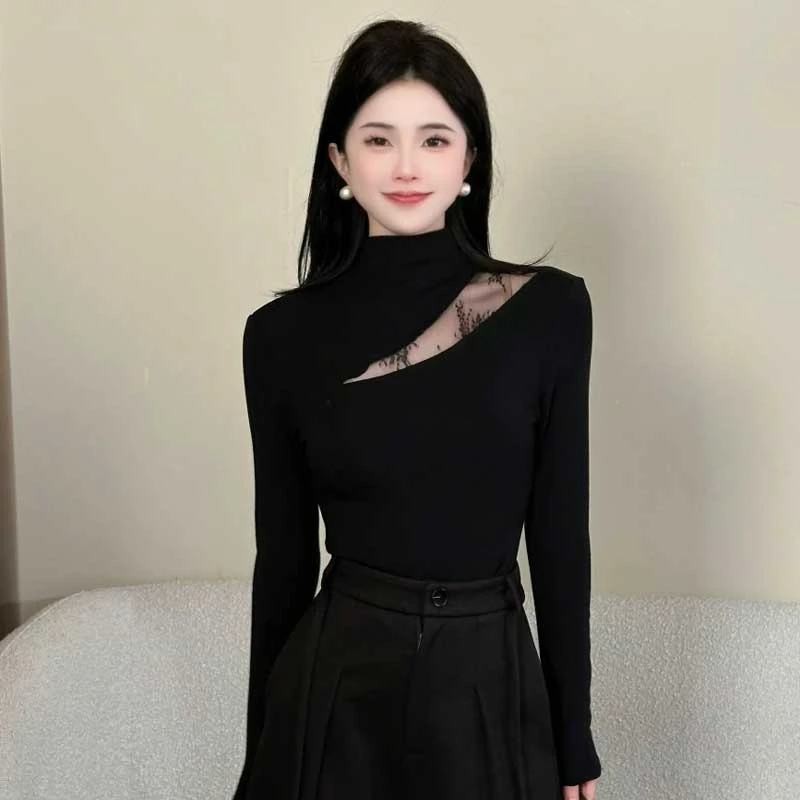 【江南美人】新款网纱拼接长袖T恤女设计感加绒加厚打底衫上衣8850