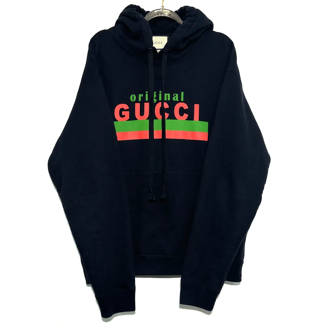99新 GUCCI/古驰 M码 红绿logo 黑色连帽卫衣 W059