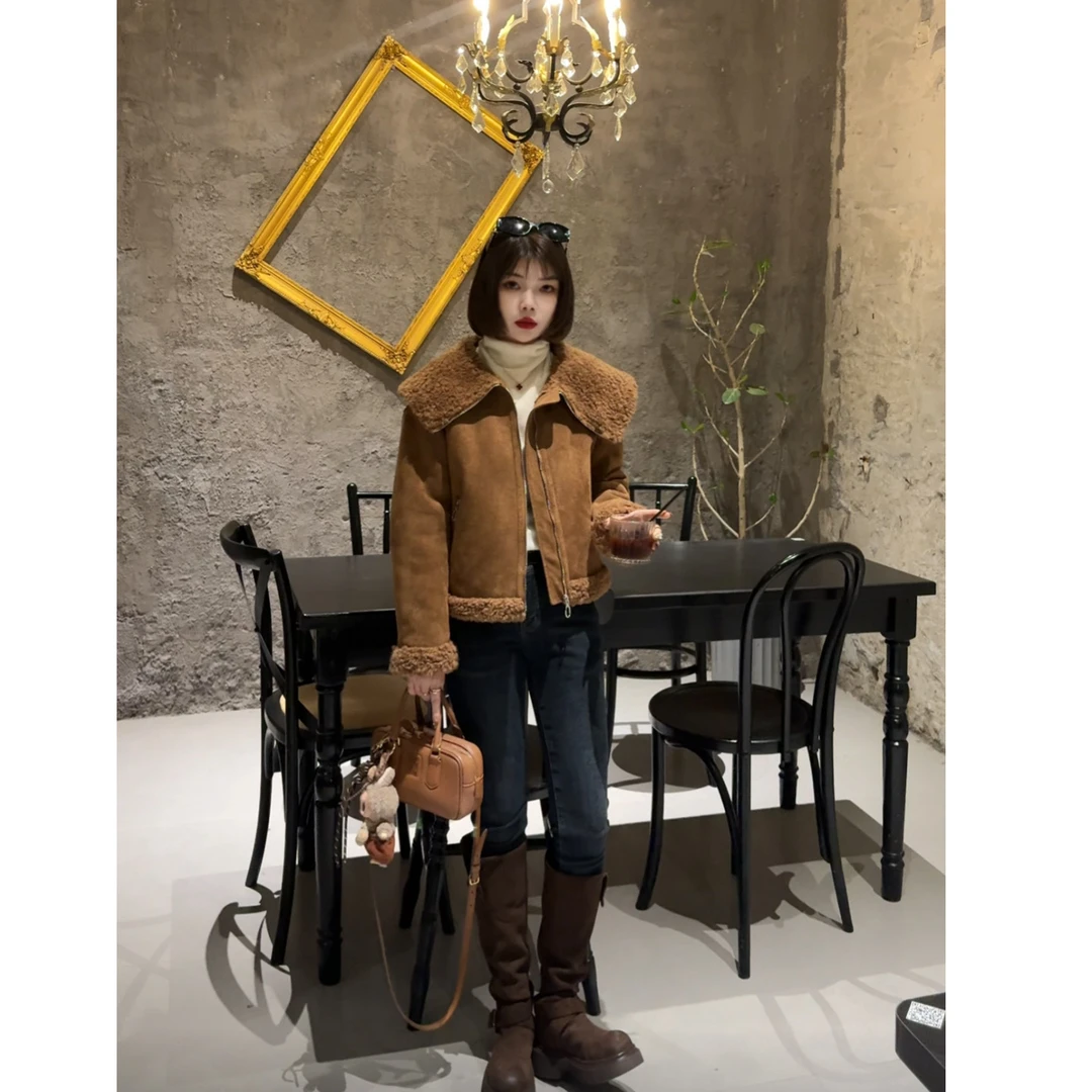 MY【海军领】冬季新款宽松羔羔毛机车服海军大翻领皮毛一体麂皮外套