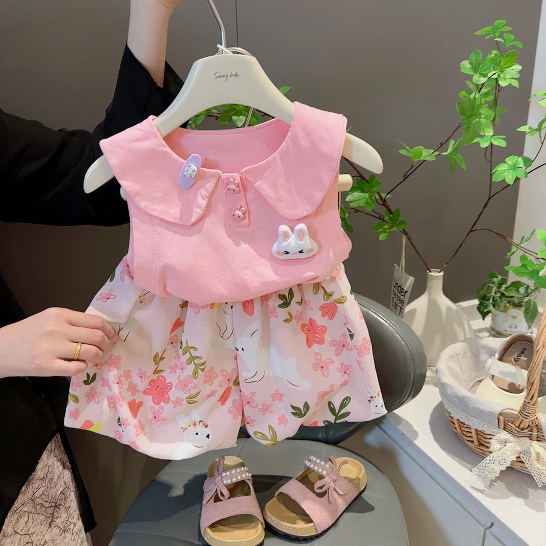 店铺热销款2025年夏季新款女小童可爱娃娃领小兔碎花花苞裤套装