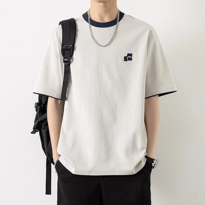 GS2025夏季新款男士冰丝圆领短袖T恤美式复古薄款宽松休闲体恤男