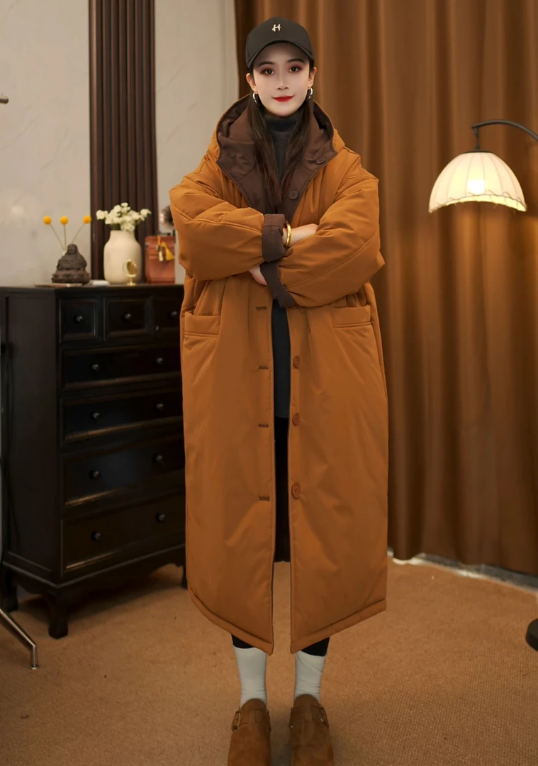 双面穿长款连帽纯色长款保暖棉衣棉服冬季宽松运动大衣棉袄777