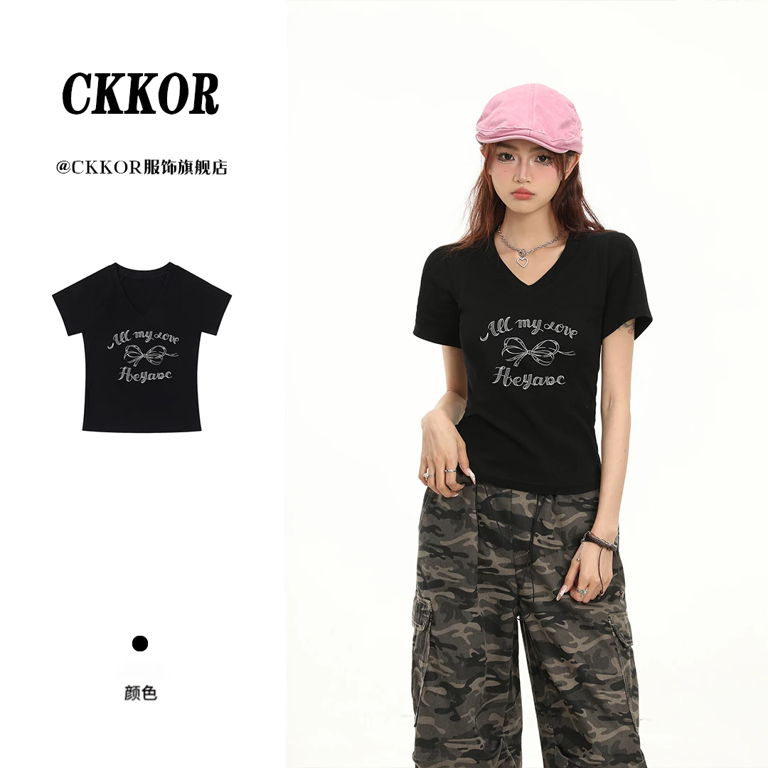 CKKOR印花辣妹小众短款时尚复古学院风chic风纯欲风透气T恤减龄