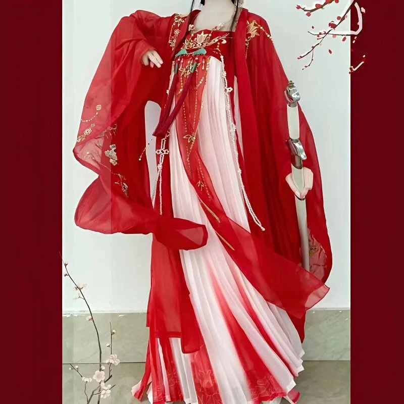 红色汉服原创重工刺绣大袖齐胸汉服女大现货中国风春夏唐风